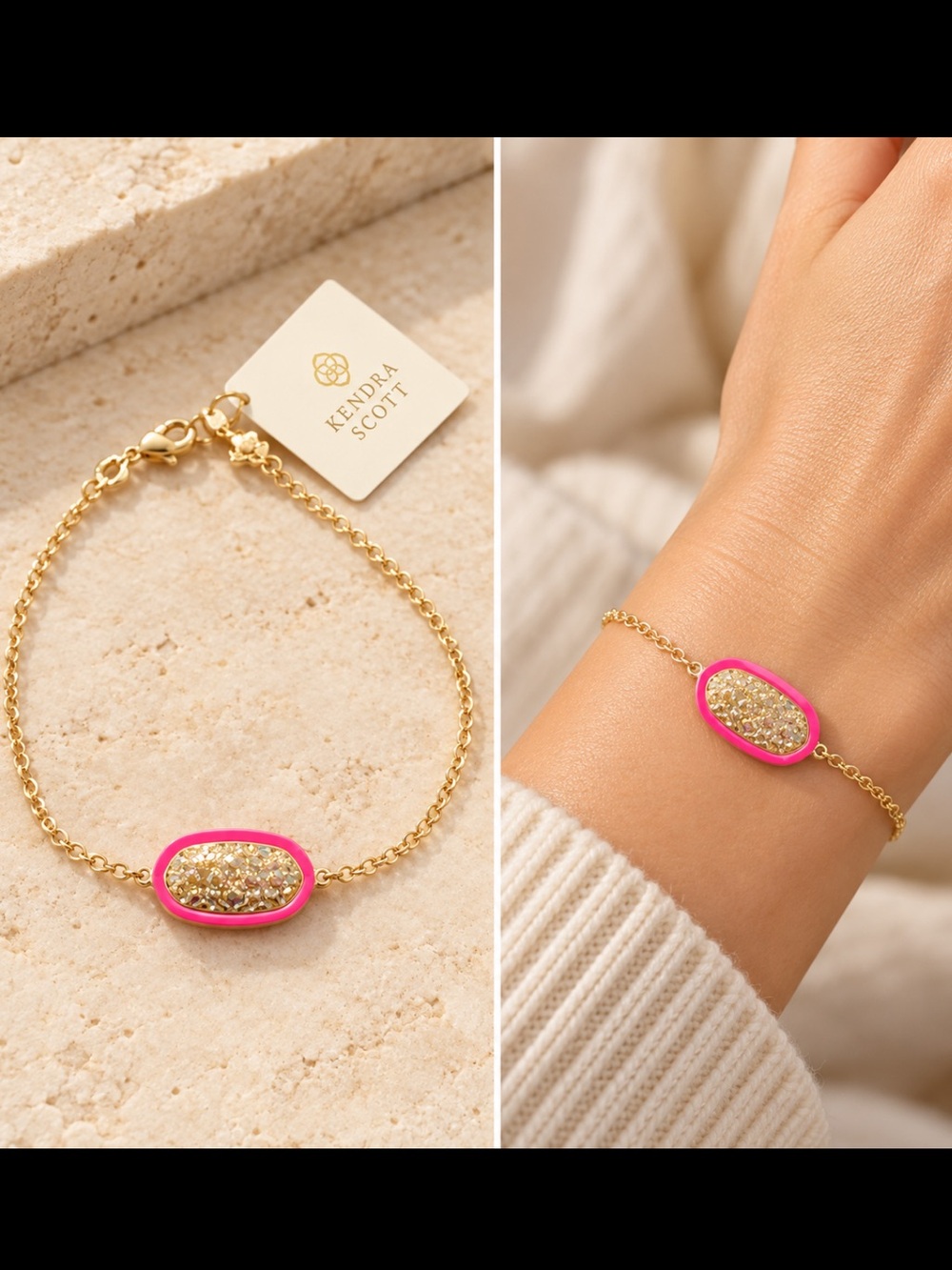 Kendra Scott Gold Bracelet with Bright Pink Druzy Oval